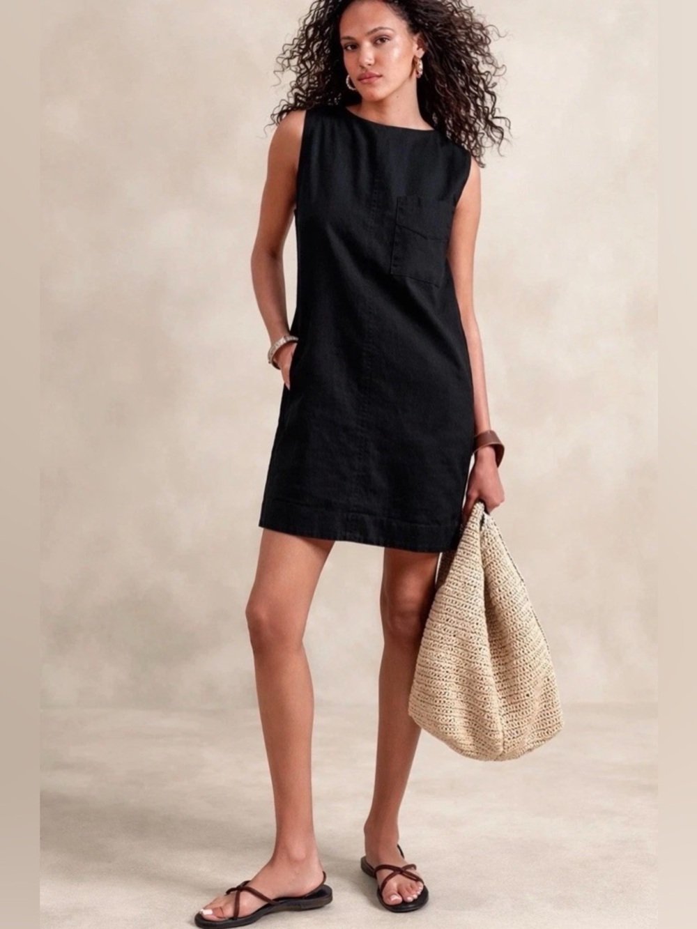 NWT Banana Republic Black Hemp Cotton Shift Tank Boxy Pocket Dress Size XXL